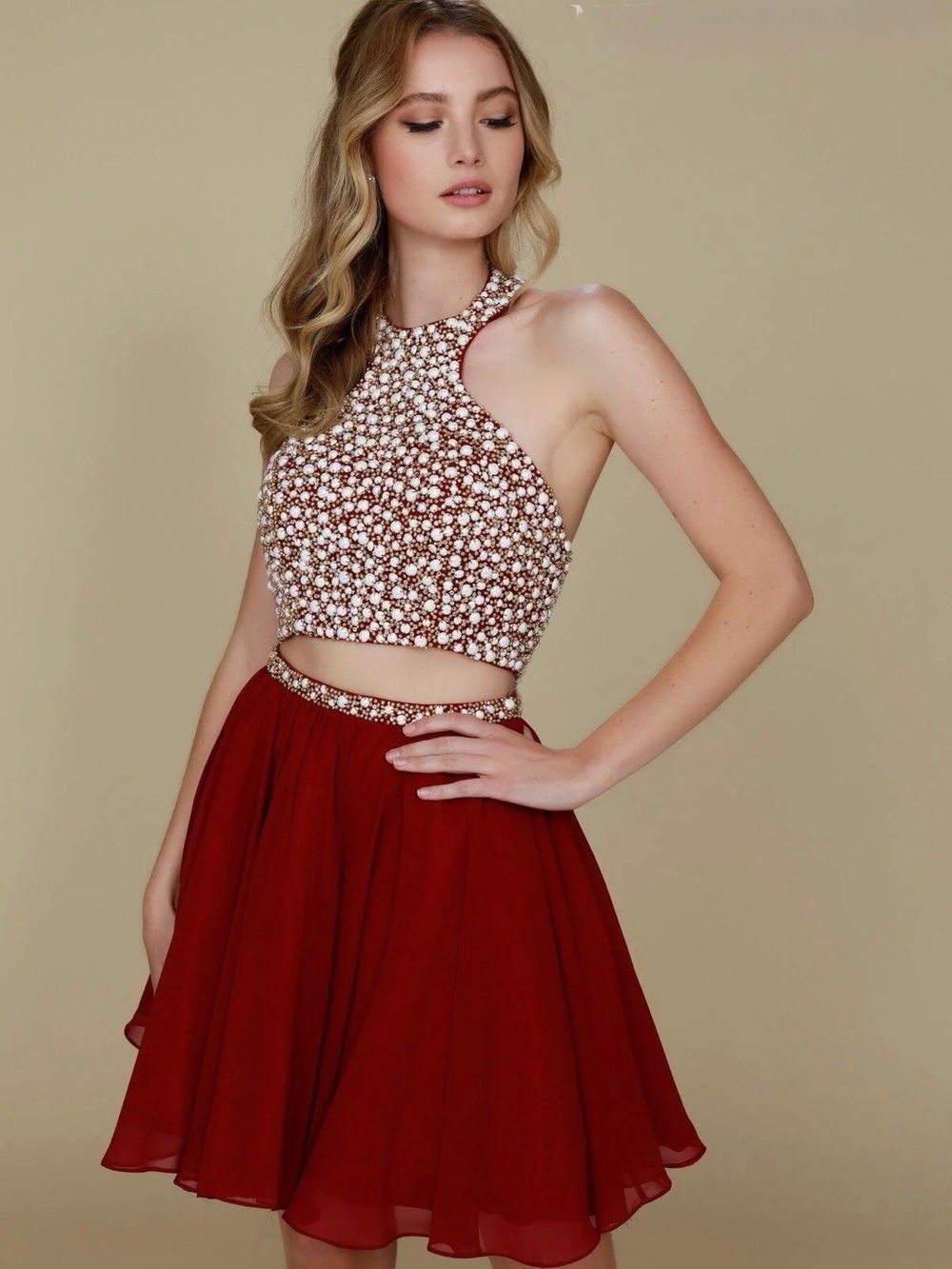 Beaded Halter Mini Dress in Burgundy